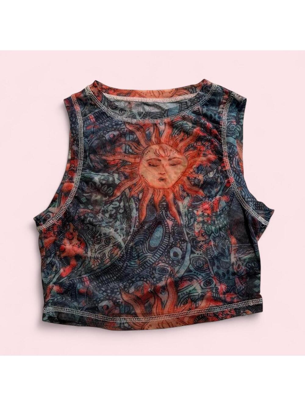 🌞 Y2K Celestial Sun Mesh Crop Top 🌞